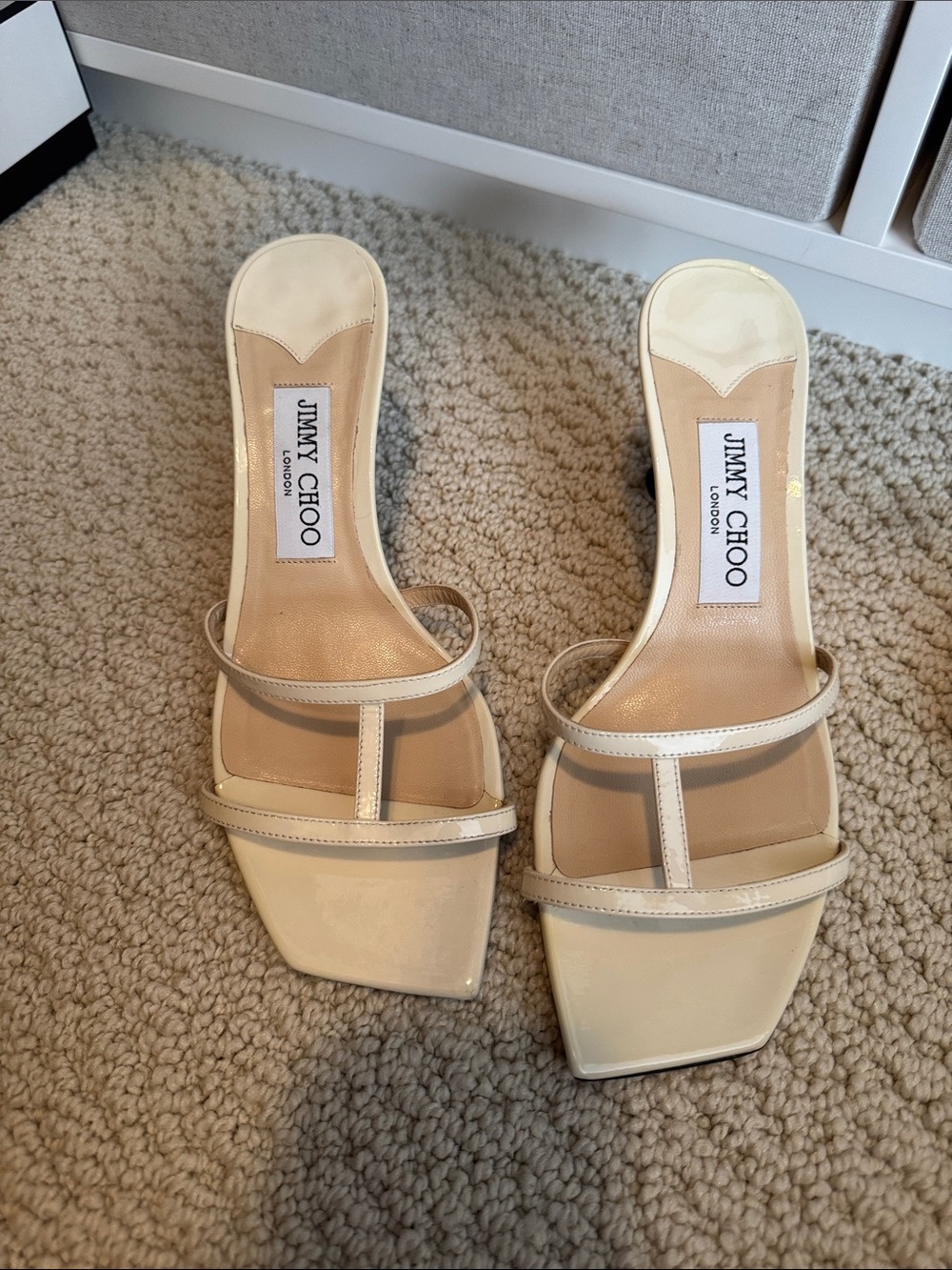 Jimmy Choo Cream Patent Leather Strappy Mules